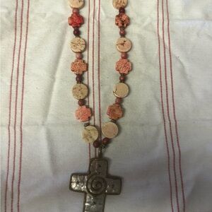 Handcrafted Cross Pendant Necklace - Pink and Cream